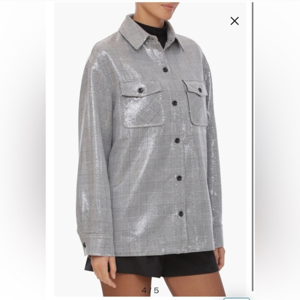 Avec Les Filles Oversize Sequin Plaid Shirt Jacket Gray/White - Picture 3 of 8